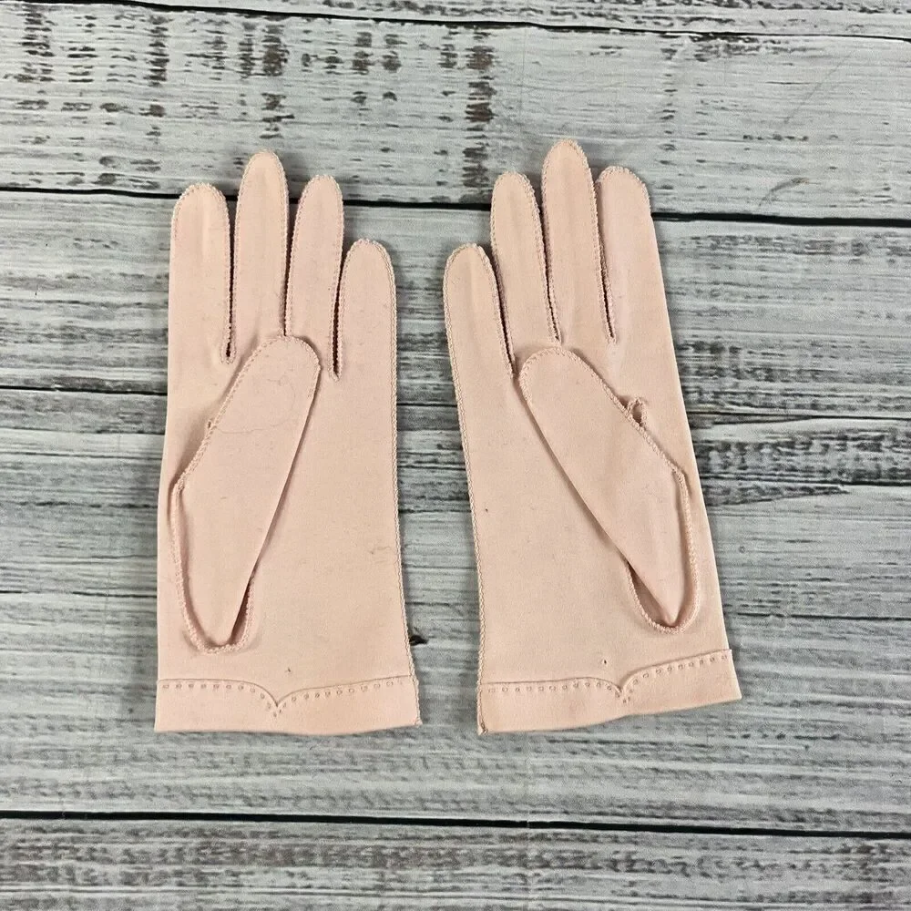Vintage Crescendoe Pink Fabric Bridgerton Hand Gloves size 7 Stretch Tea Party